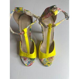Yellow Floral T-Strap High Heels With Ankle Strap & 4.5" Stiletto Heel